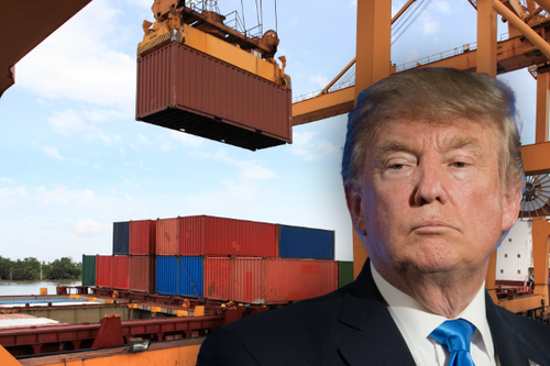 Donald Trump superimposed in front of a shipping container being moved in a port.